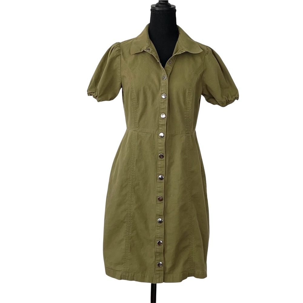 LOFT Women’s Snap Front Puff‎ Sleeve Cotton Dress in Olive Green Size 8